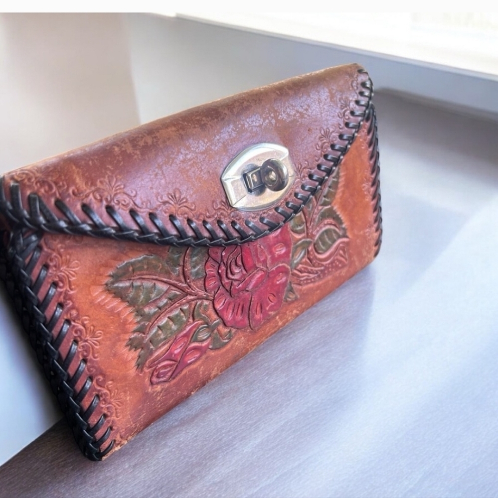Vintage Western Tooled Leather ladies wallet woven artsy whimsigoth turnlock